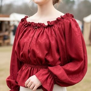ANNA KONYA VINTAGE Deep Red Damask Off-Shoulder Peasant Blouse Blouson Top